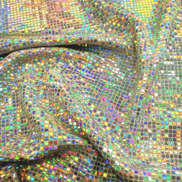 MIRROR SEQUIN SPANDEX - 4mm  MINI SQUARE SILVER HOLOGRAM ON LIGHT GOLD